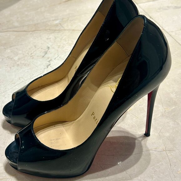 Christian Louboutin Black Patent Leather Peep Toe High Heels Size 7 - Picture 1 of 5